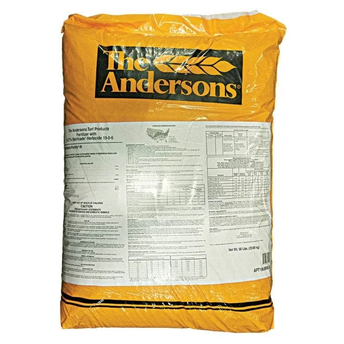 The Andersons 19-0-6 Turf Fertilizer With 0.21% Barricade Pre-Emergent Herbicide, 50 Lb Bag 1 The Andersons 19-0-6 Turf Fertilizer With 0.21% Barricade Pre-Emergent Herbicide, 50 Lb Bag
