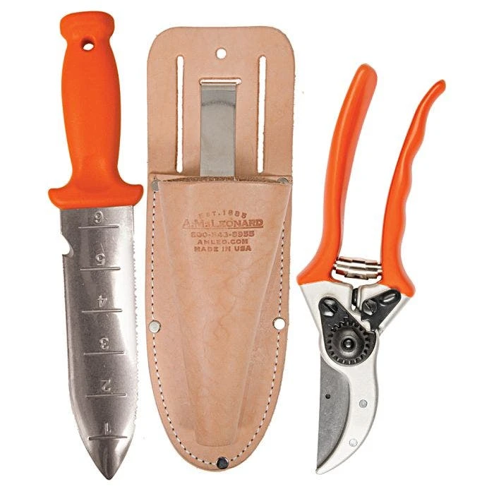 Deluxe Soil Knife, Pruner, Sheath Combo By A.M. Leonard, Lifetime Warranty 1 Deluxe Soil Knife, Pruner, Sheath Combo By A.M. Leonard, Lifetime Warranty